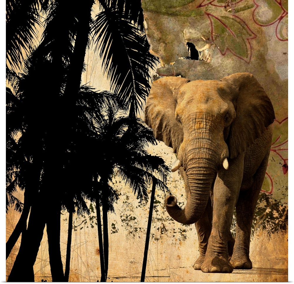 A square mixed media image of an elephant and palm trees.