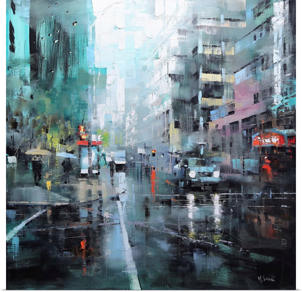 Contemporary painting of traffic in the streets on a rainy day in Montreal.