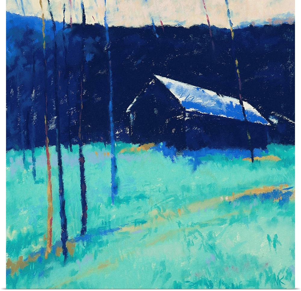 Contemporary painting of a blue barn in a turquoise field.