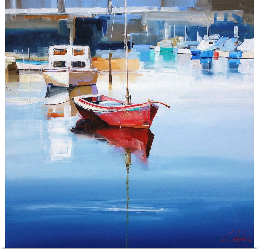 A contemporary painting of a red sailboat tied at a bock dock a long with other boats.