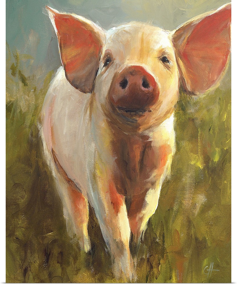 Contemporary painting of a pink pig with large ears.