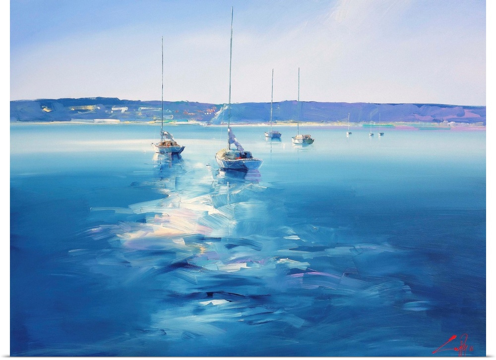 A contemporary painting of sailboats in a bay in Australia.