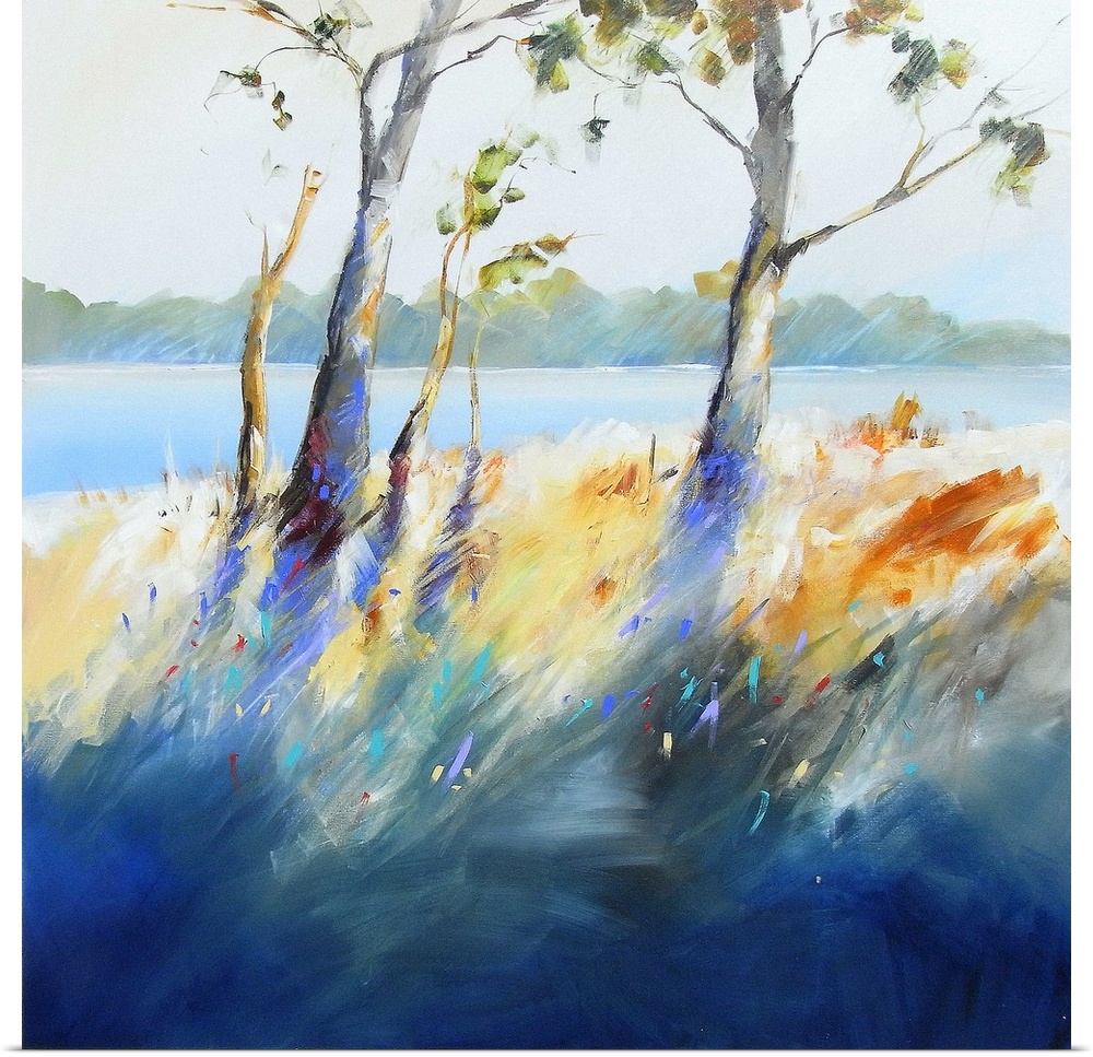 Contemporary painting of trees and grass growing next to a river.