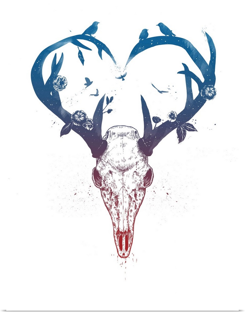 Digital illustration of a deer skull with flowers and birds adorning its antlers.