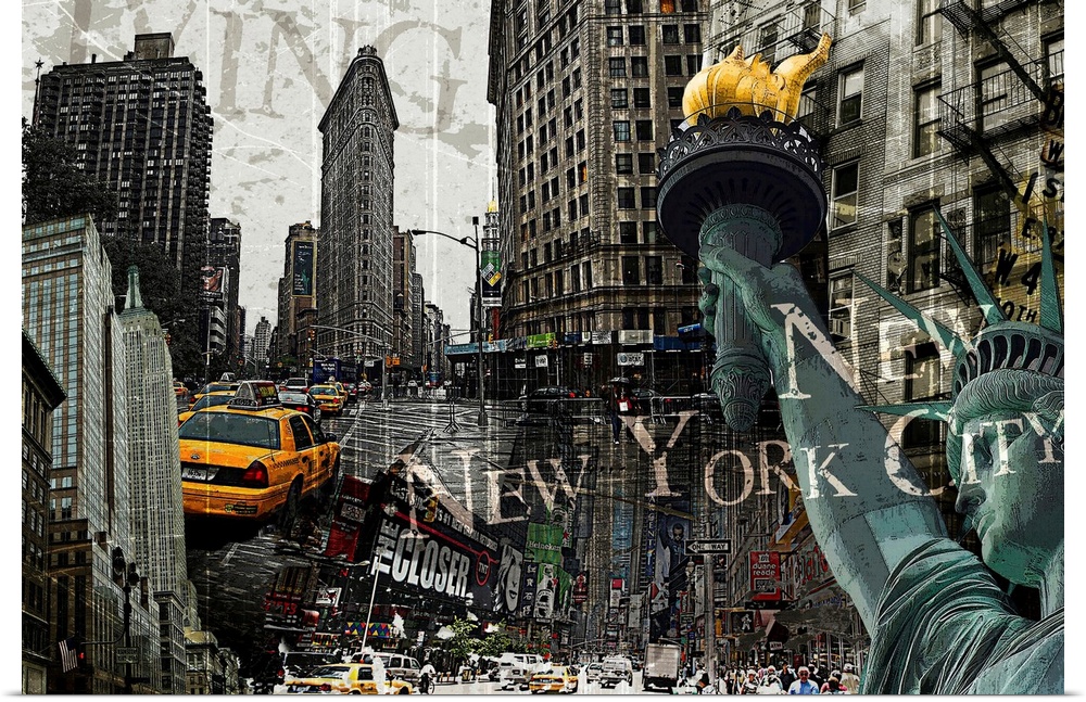 Image composite of landmarks in New York City, including the Statue of Liberty and Times Square.
