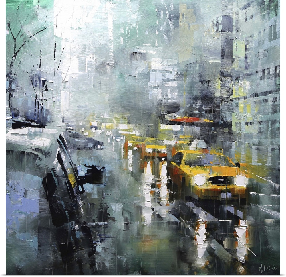 Contemporary painting of taxis and other cars in the street on a rainy day in New York City.