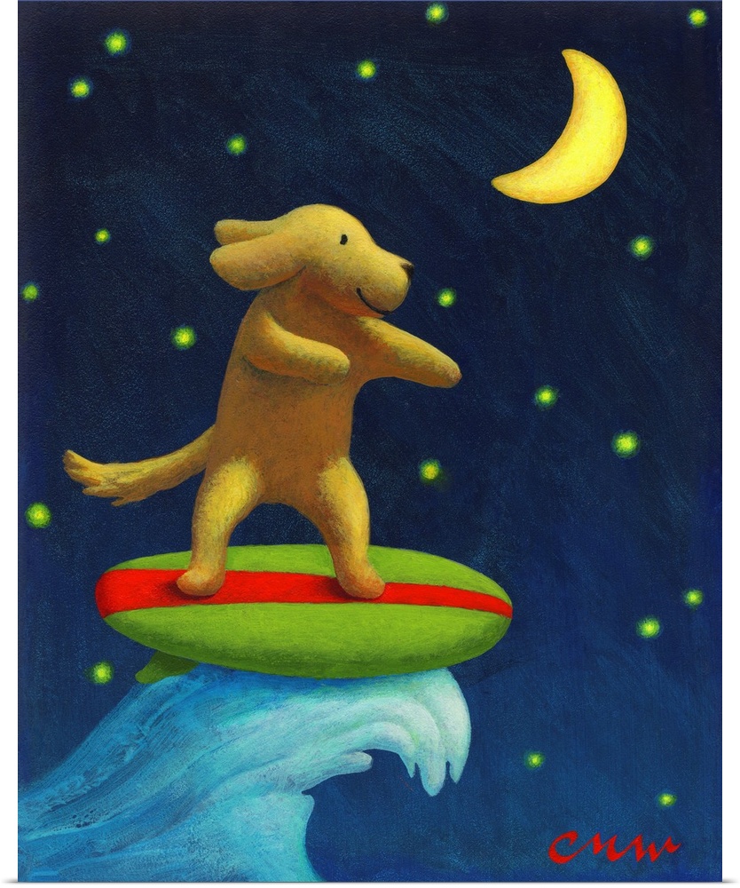 Contemporary painting of a dog surfing with the night sky in the background.