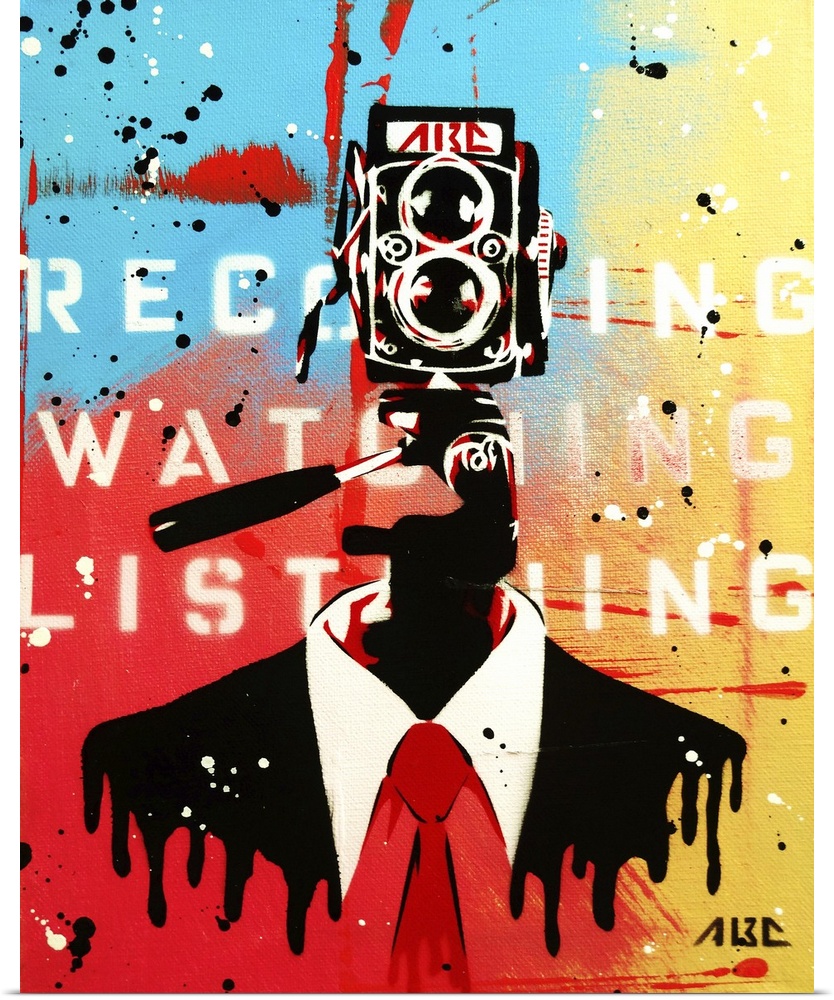Urban painting of a businessman with a camera for a face.