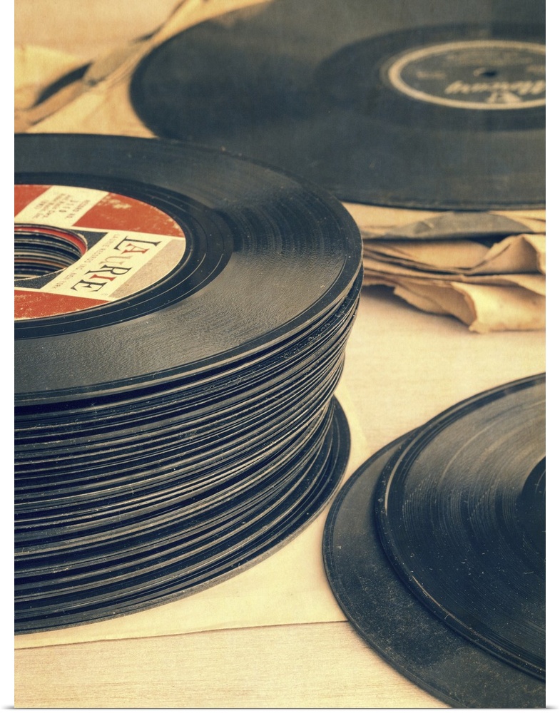Stacks of old record albums. 33 rpm and 45 rpm.  Still life photography by Edward M. Fielding