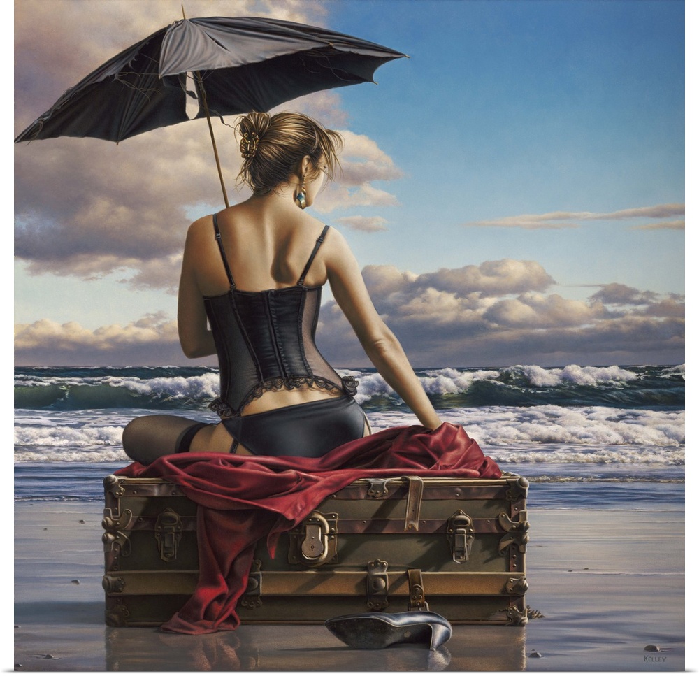 Contemporary painting of a woman wearing lingerie and holding an umbrella, while sitting on luggage on the beach.