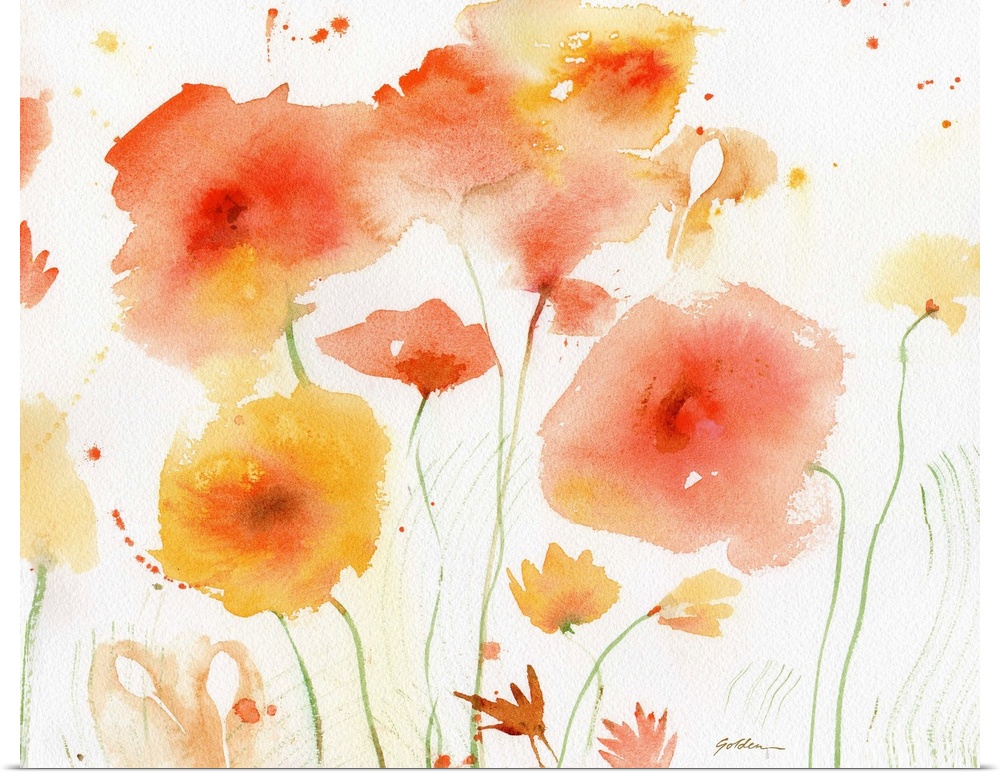 Contemporary watercolor painting of orange and yellow flowers.