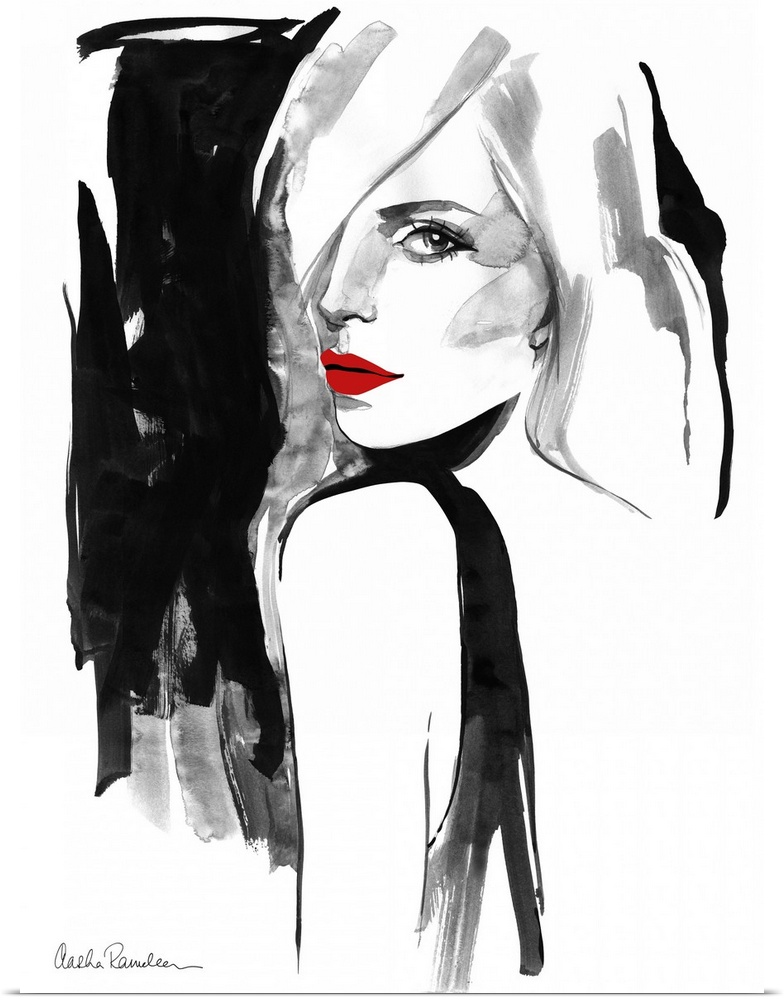Contemporary fashion artwork of a woman wearing bright red lipstick looking over her shoulder.