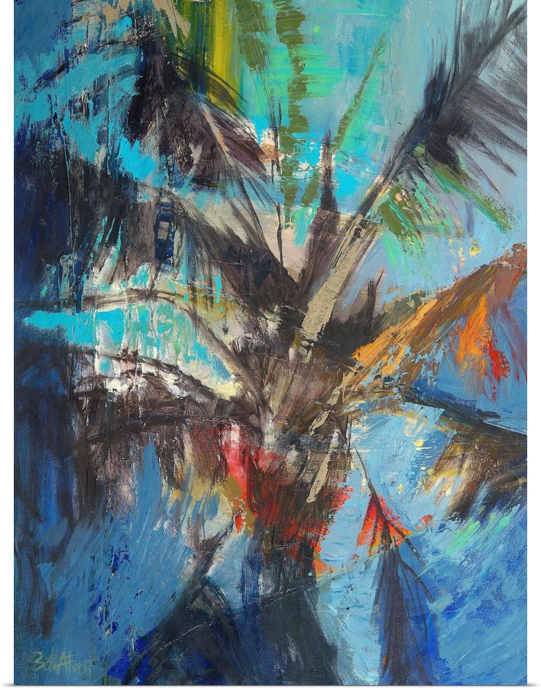 A contemporary coastal themed painting of a palm tree.