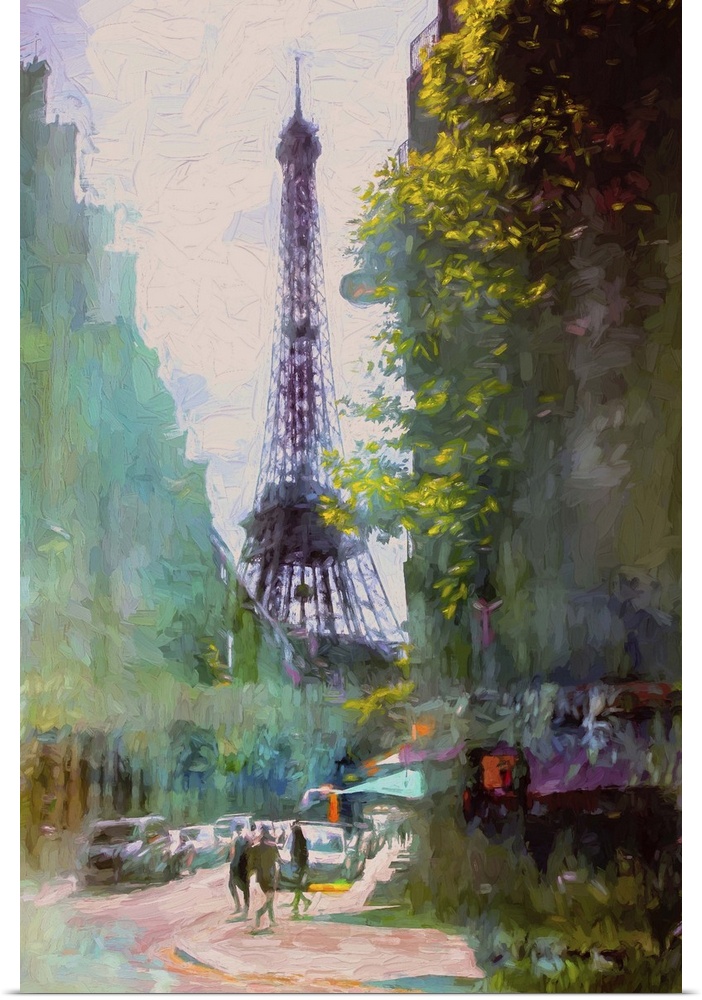 A contemporary painting of the Eiffel tower seen from a distance in Paris.