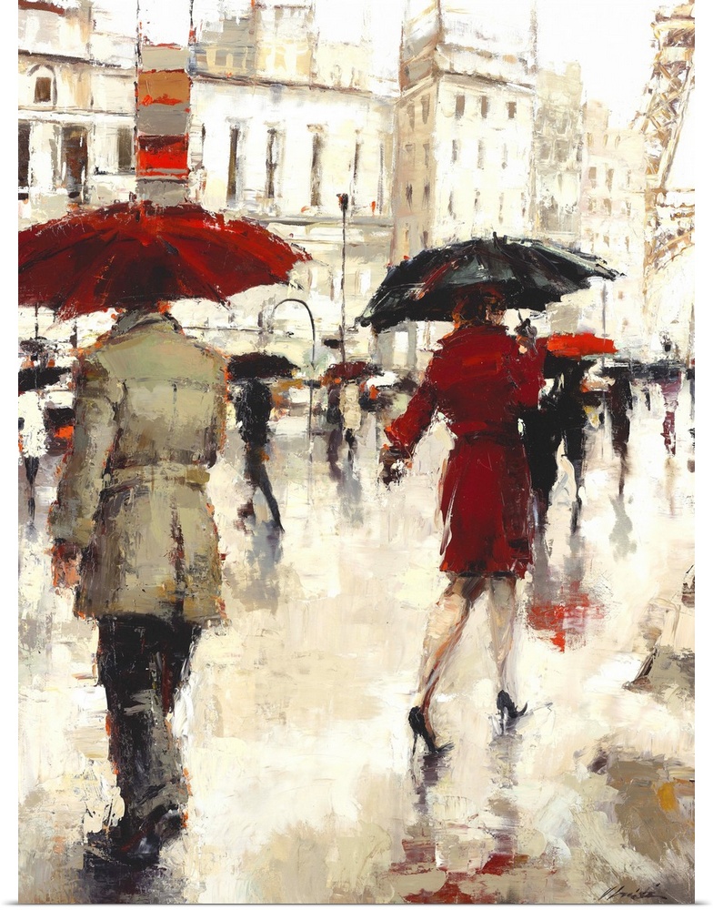 Contemporary painting of people walking under umbrellas in a rainy day.