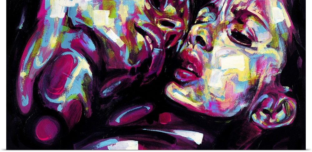 Horizontal abstract portrait of a man and woman in vibrant colors.
