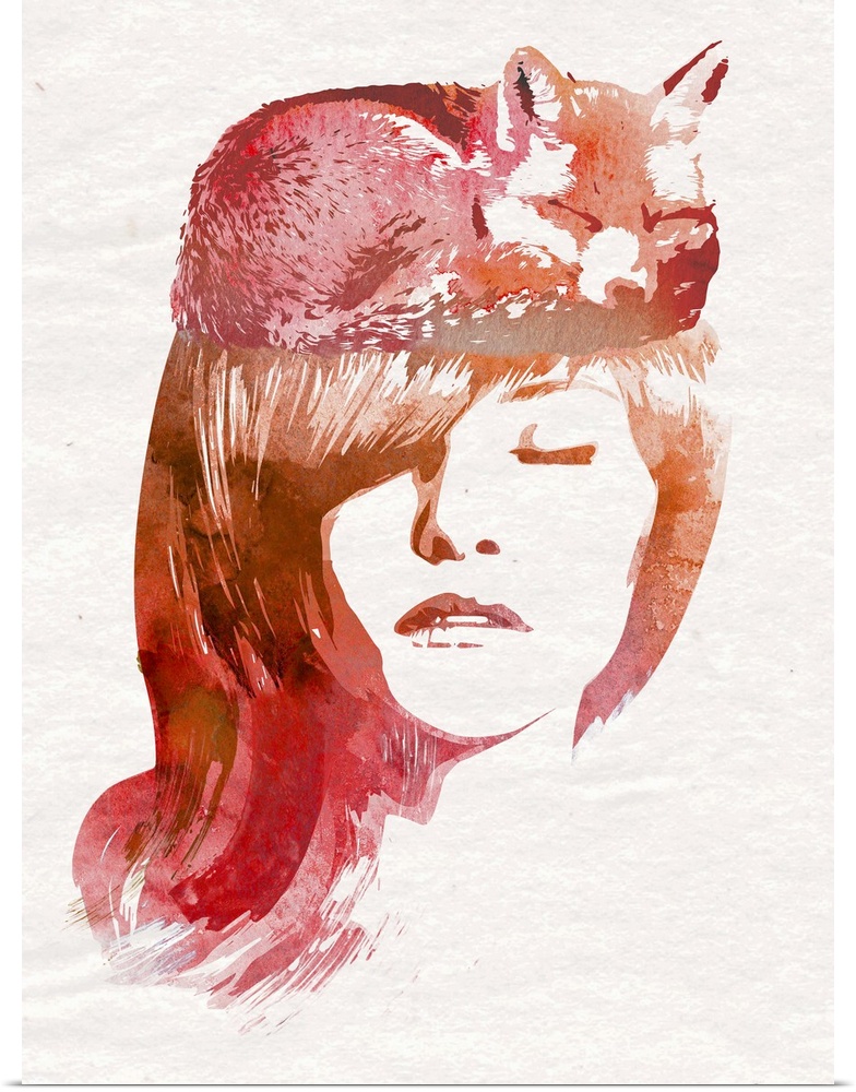 Contemporary artwork of a woman with long red hair and a small fox sleeping on top of her head.