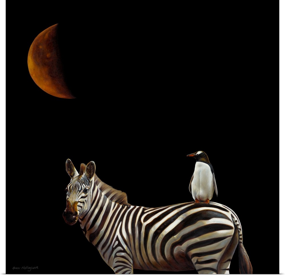 Conceptual photo of a penguin riding a zebra under a red crescent moon.