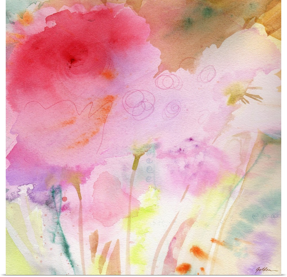 A watercolor painting of pink flowers in pastel colors.