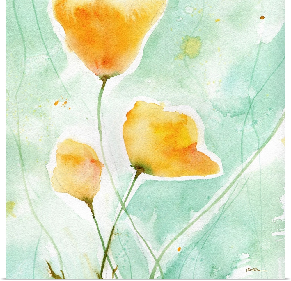 Contemporary watercolor painting of yellow poppies on a light blue background.