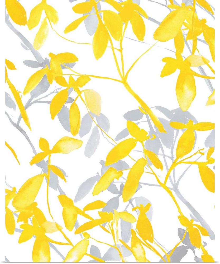 An abstract watercolor painting of branches of leaves in colors of yellow and gray.