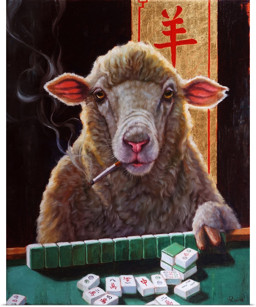 A painting of a sheep smoking, playing a game of mahjong.