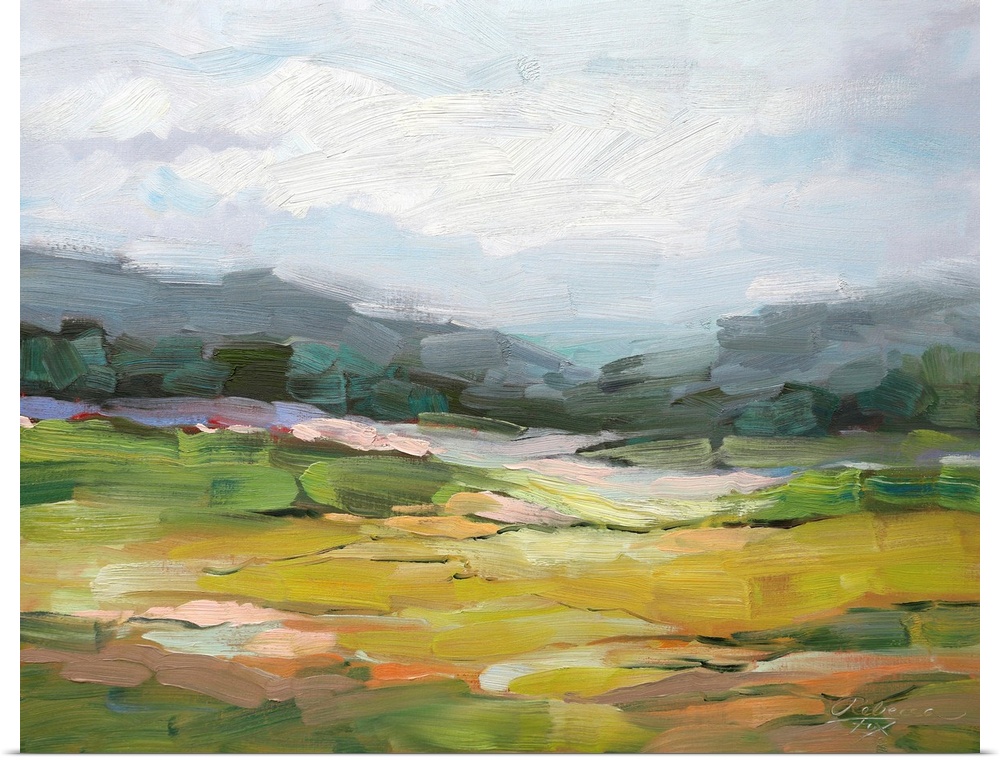 A beautiful calm landscape painting in a contemporary style, with thick brushstrokes of color. A warm green meadow sits in...