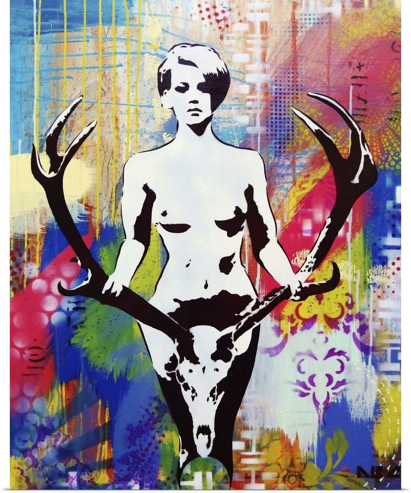 Urban painting of a nude woman holding a large pair of antlers.