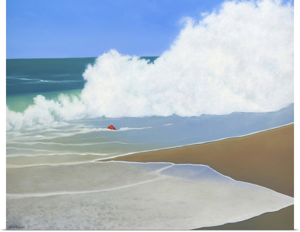 Contemporary painting of an idyllic beach scene, with a red pail becoming lost amid the waves of the ocean.