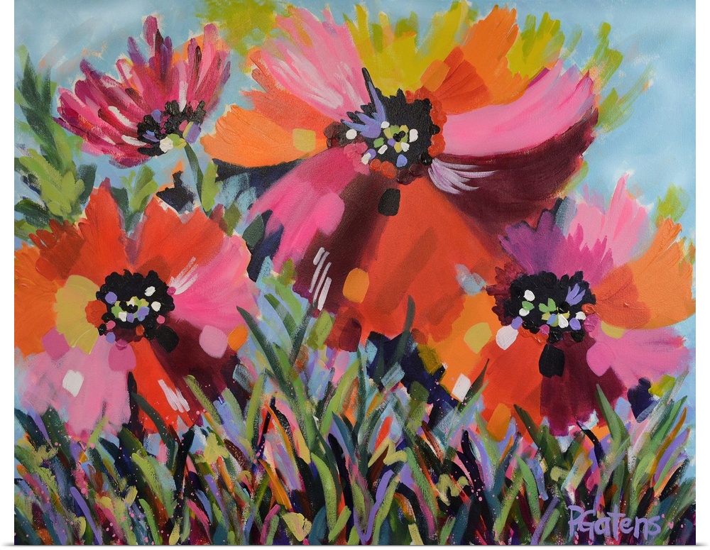 A horizontal abstract painting of bright poppies in colors of yellow, orange and pink.