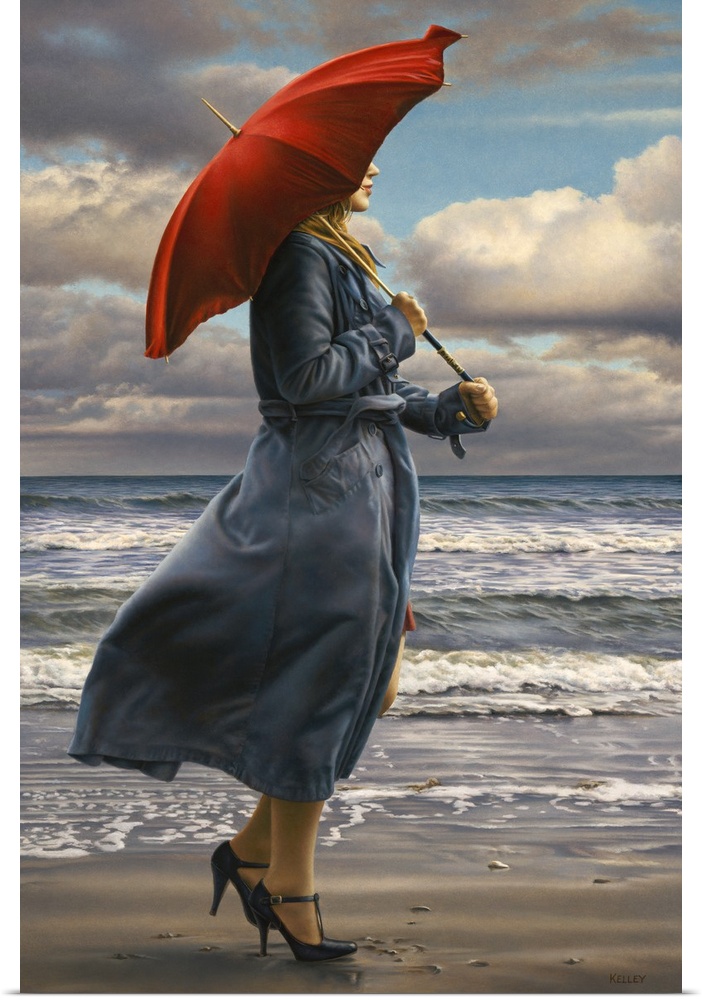 Contemporary painting of a woman holding a red umbrella, while walking on a windy beach.