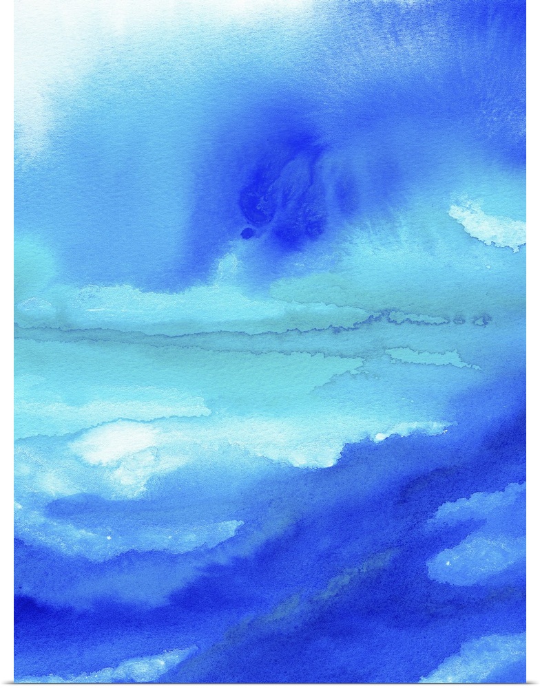 A vertical abstract watercolor painting in brilliant shades of blue.