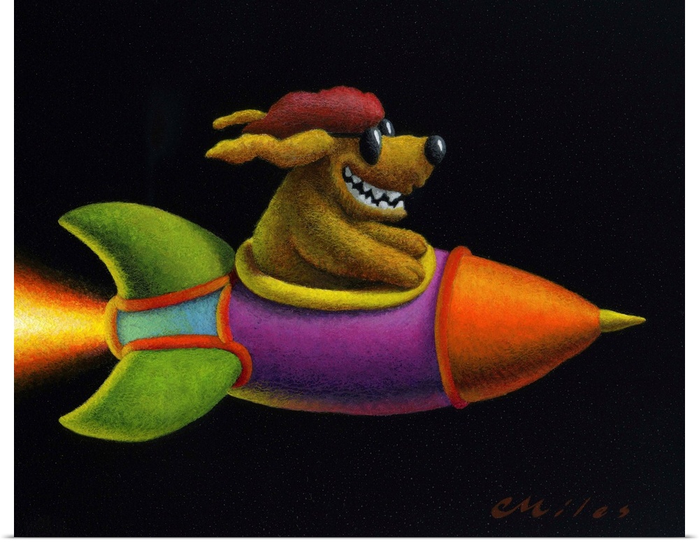 Humorous contemporary painting of a dog in sunglasses riding in a rocket.