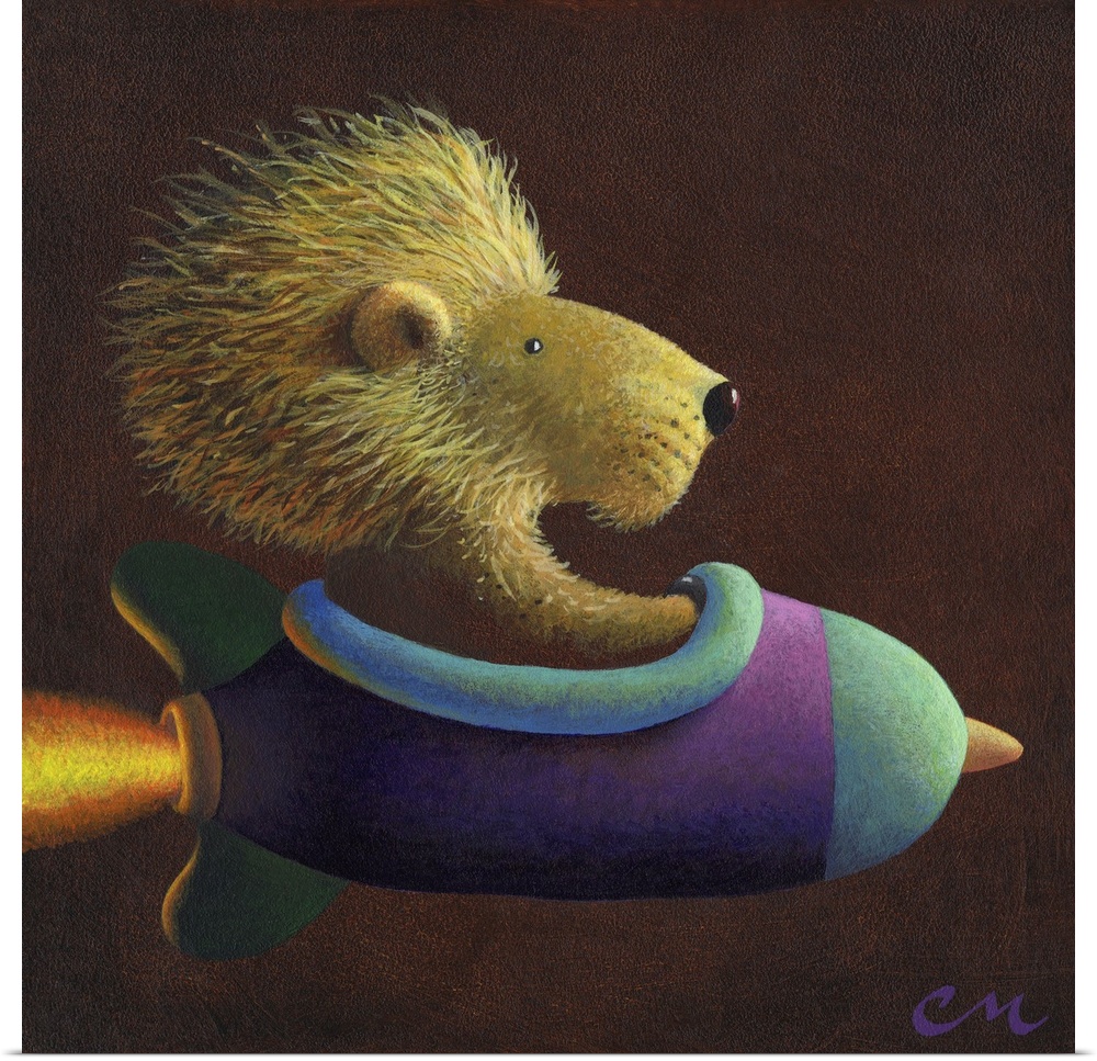 Whimsical contemporary painting of a lion in a rocket.