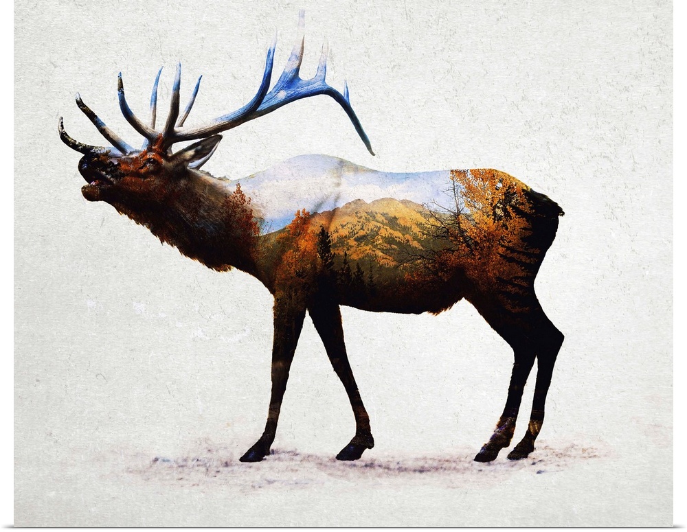 A contemporary piece of artwork of a wilderness scene withing the outline of an elk.