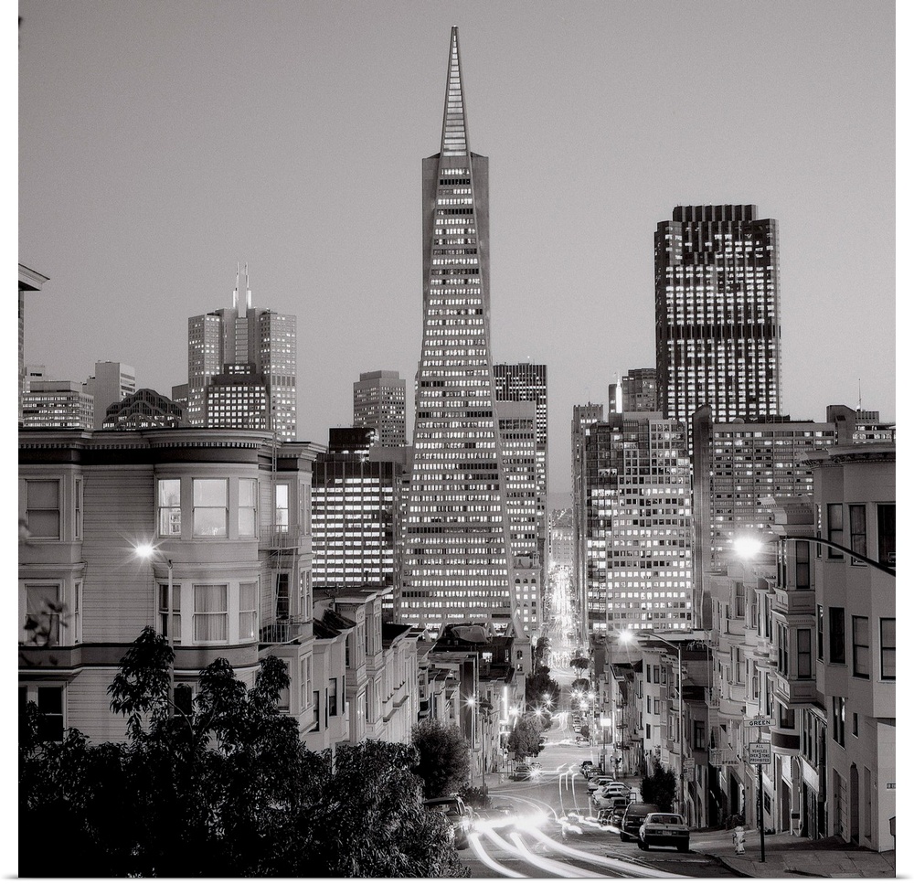 A black and white photograph of the downtown area of San Francisco California.