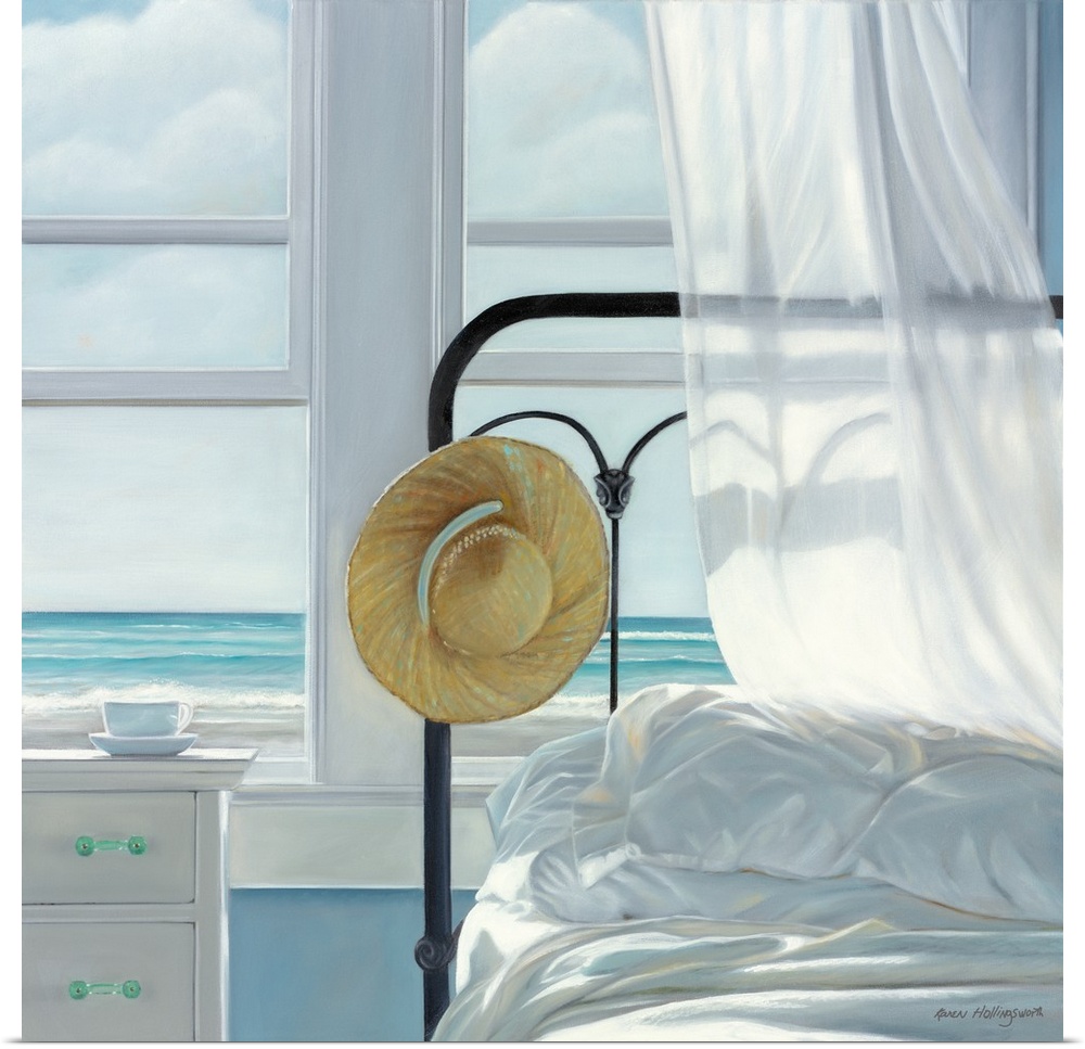 Contemporary still life painting of a hat hanging from a bedframe next to an open window with a white curtain and the beac...