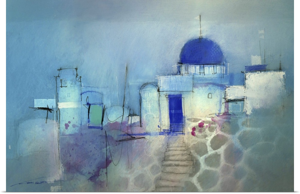 Contemporary painting of iconic architecture of Santorini on Greece.