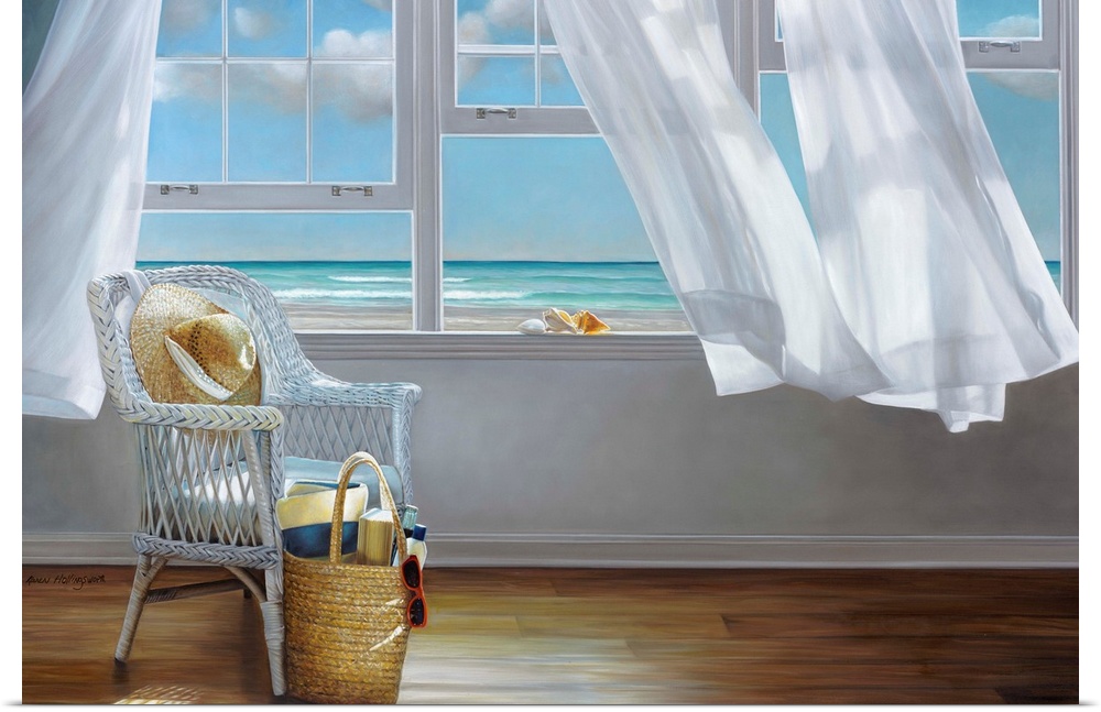 Contemporary still life painting of a hat on a chair next to an open window with a white curtain and the beach outside.