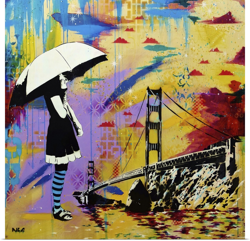 Urban painting of a woman with an umbrella overlooking the Golden Gate bridge.