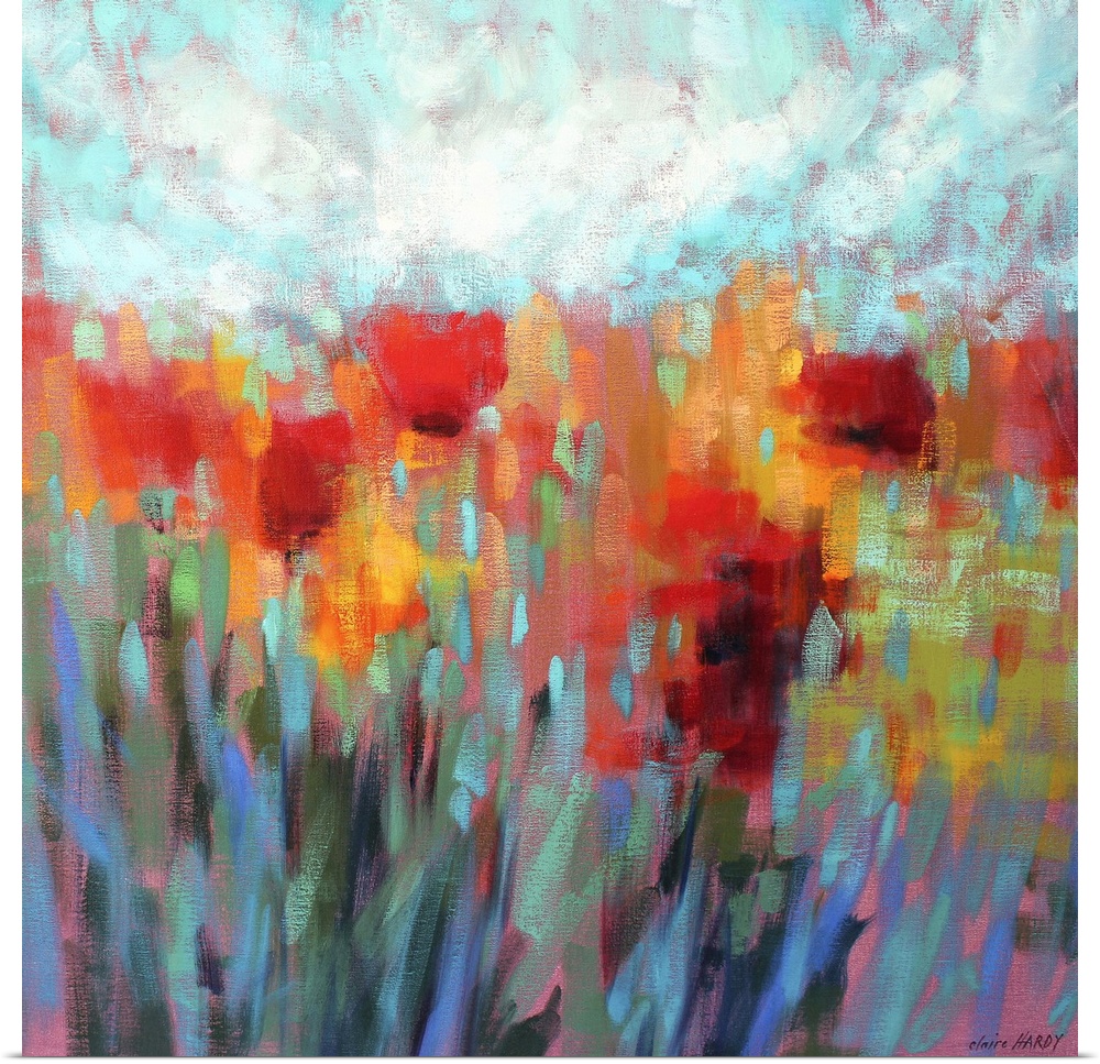 A colorful contemporary painting of a field of flowers.