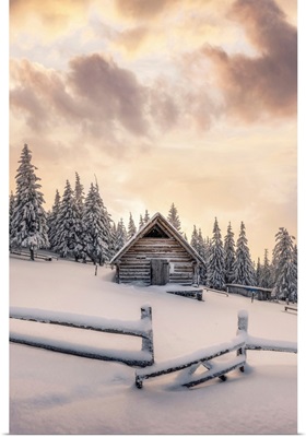 Snowy Cabin In The Woods