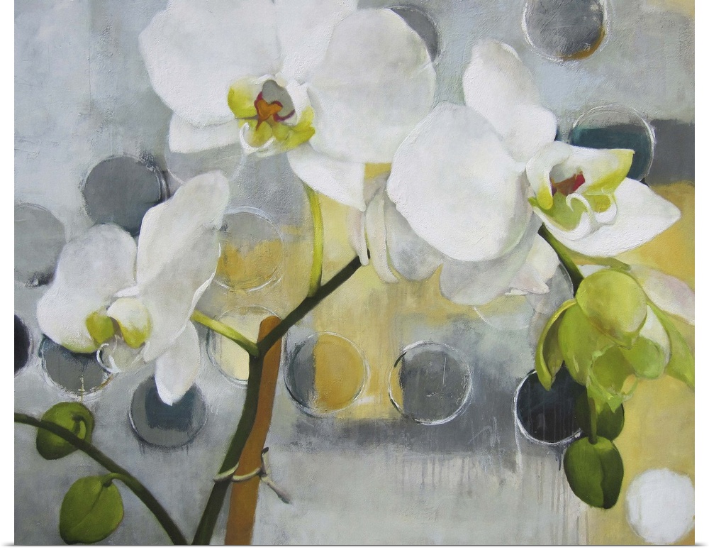 A contemporary painting of white orchids against a gray background with dark gray dots.
