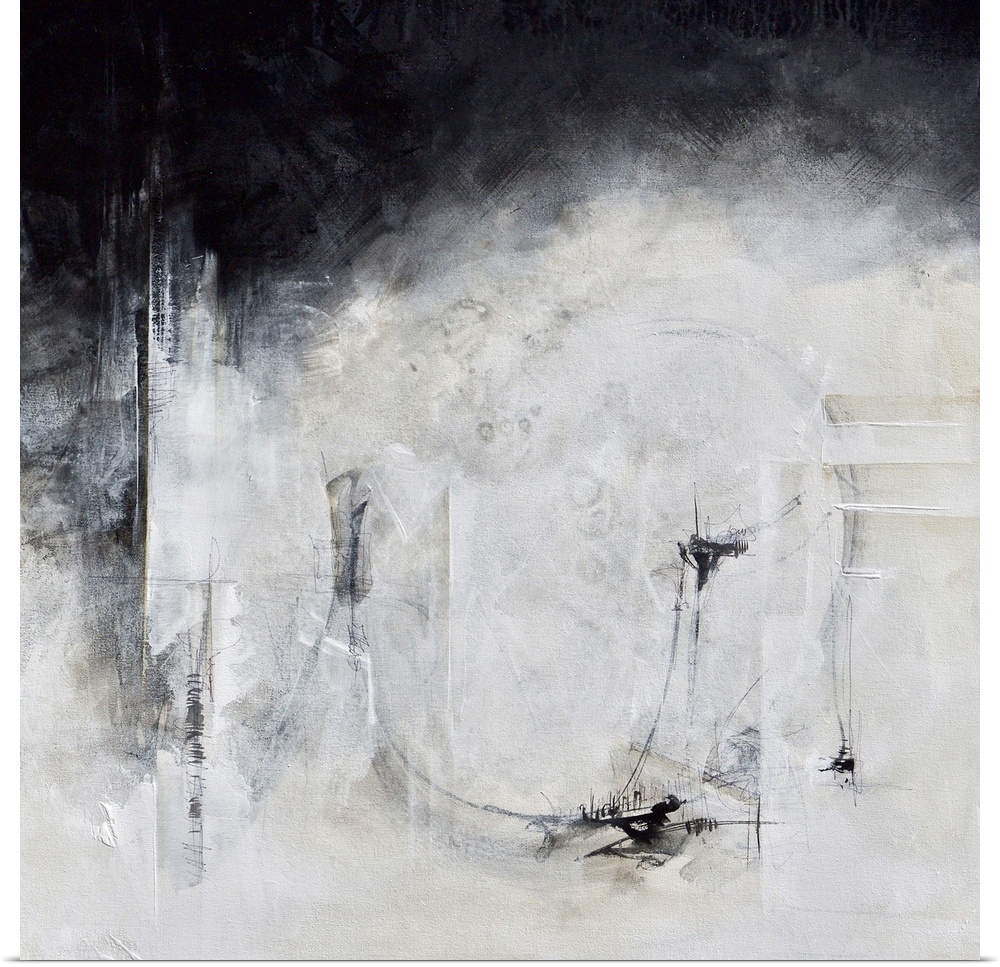 Black and white abstract artwork with a hazy effect.
