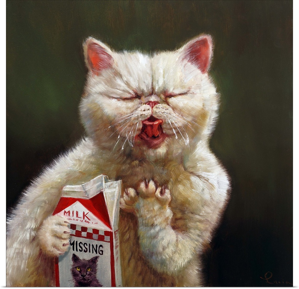 A funny contemporary painting of a cat licking milk from a milk carton.