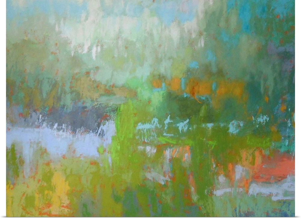 A contemporary abstract painting using vibrant colors resembling a countryside landscape.