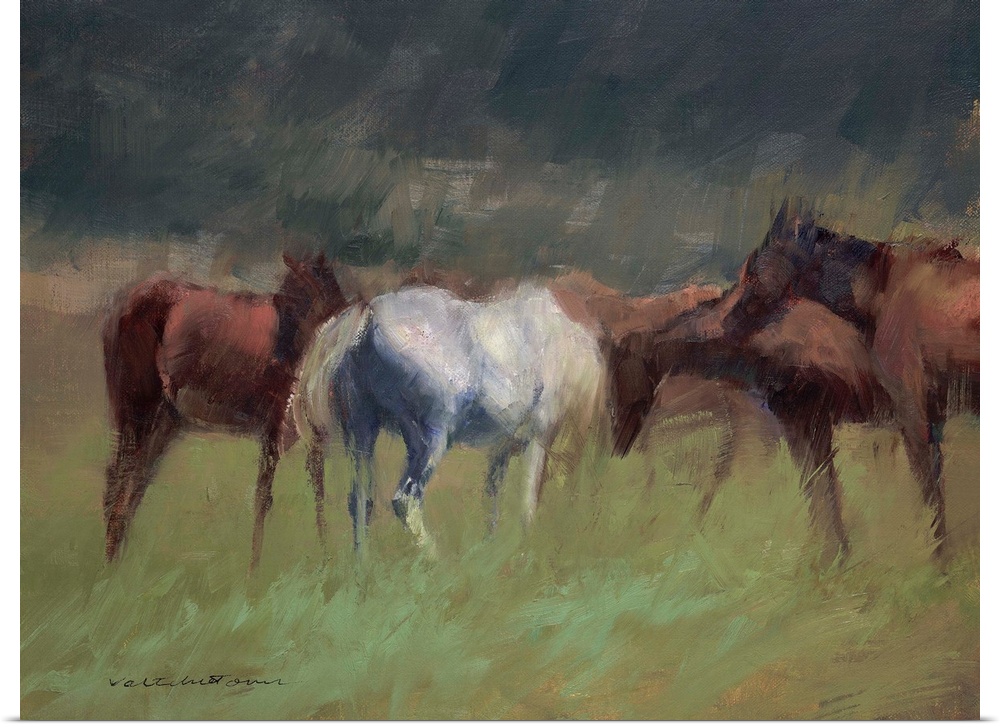A contemporary painting of a group on horses in a field.