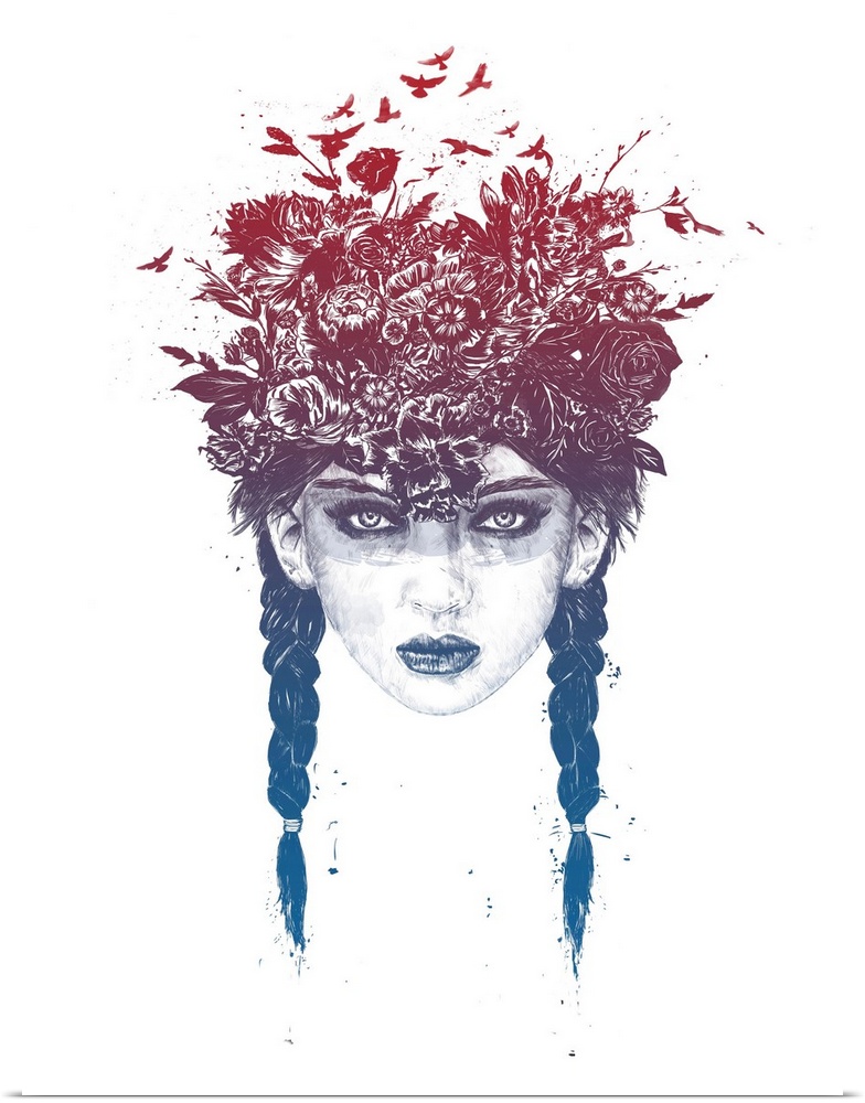 Surrealist portrait of a young woman with flowers and birds coming out the top of her head.