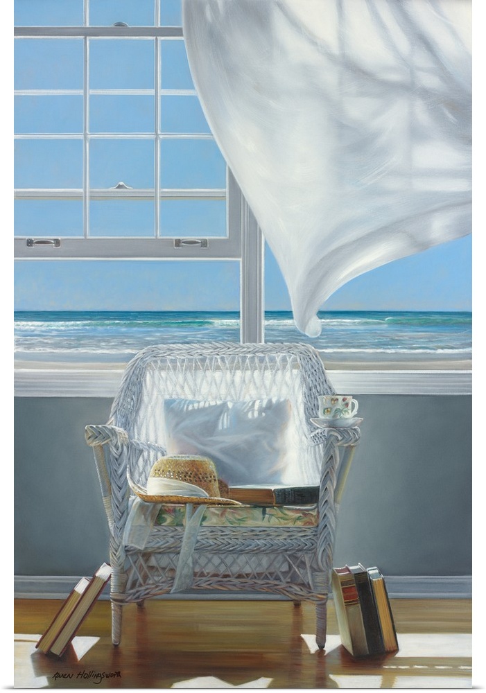 Contemporary still life painting of books and a hat on a chair next to an open window with a white curtain and the beach o...