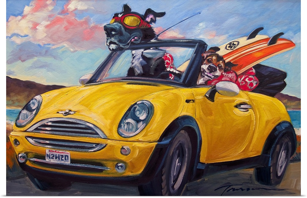 Thick brush strokes create a humorous scene of dogs riding in a sporty car.